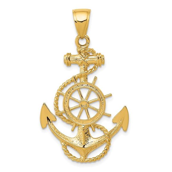 14k Yellow Gold Large Anchor, Ship's Wheel and Rope Necklace - 18 Inch - Picture 1 of 6